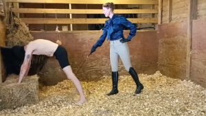 Madam M - Sadistic Stables Sack Smashing extreme ballbusting and cropping punishment - Watch Online
