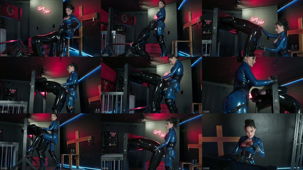 Femdom Adventures - Evil Woman - Rough pegging in latex with rubber gimp locked in stocks 4K