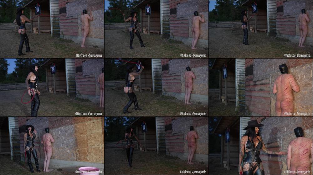 Mistress Damazonia: Cruel Cowgirl Whips Her Slave To Oblivion