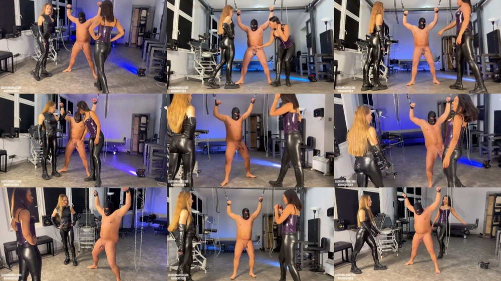 LadyAnnabelle666 and MahoganyQen - Hardcore ballbusting - two dommes vs one slave