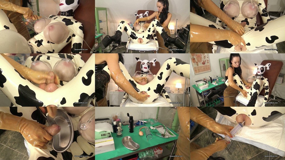 Queens of Kink - Fetish Liza and Natalie Goth TV - Latex cow impregnated with own cum stage 2