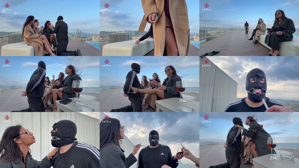 Mistress Erinia, Domme Hades, and Mistress Samantha - The three Mistresses humiliate the slave on the rooftop