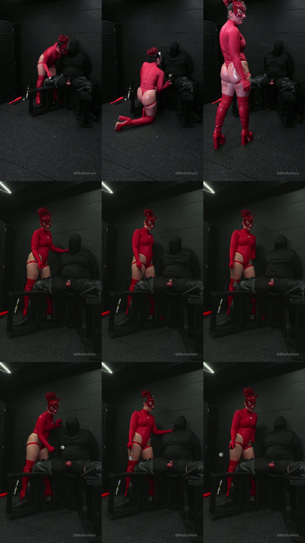 Blissful Shock - Red Bodysuit Ballbusting Devastation in Platform Boots - Toe Kicks Knees and Toys
