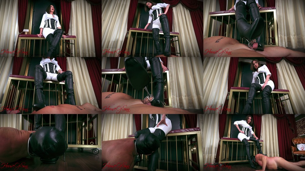 House of Sinn - Mistress Ayn - Leather Boot Worship Mistress Ayn nipple CBT before heel devotion